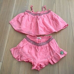 Scotch & Soda girls pink ruffle shorts set embroidered